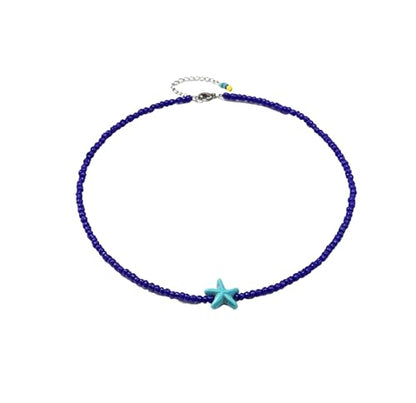 Seed Bead Choker Necklace for Women Bohemian Tiny Beads Choker Colorful Rice Bead Starfish Choker Summer Surfer Beach Necklace Jewelry Gift - color: Blue Plus