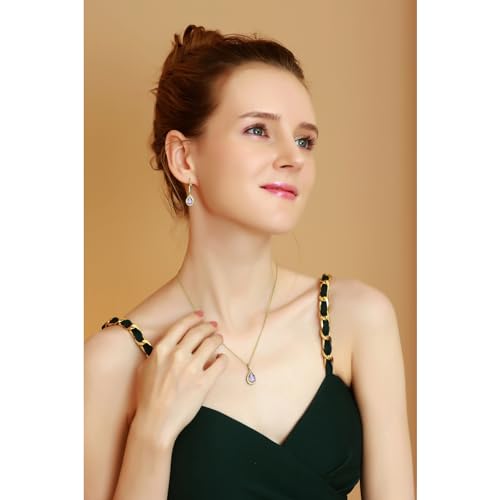 Jewelry Sets for Women, Necklace and Earring Sets for Women, Birthstone Jewelry, Genuine or Synthetic Gemstones, Teardrop Necklace and Dangle Earrings, Pendant Necklace, Sterling Silver Jewelry - color: Amethyst - Yellow Gold