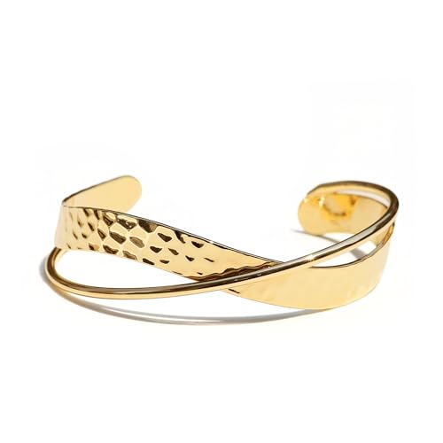 OZEL – Women’s Gold Cuff Bracelets – 18K Gold Plated Textured Bangles with Multi-Color Crystal & Rhinestone Accents – Layered Stacking Jewelry - color: 200705