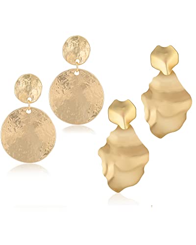 Gold Metal Clip On Earrings for Women Non Pierced Dangle Drop Earrings Multiple Styles - color: gold leaf + disc