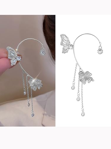 2Pcs Butterfly Ear Cuffs Rhinestone Clip On Earrings | Rhinestone butterfly ear cuffs with non piercing clip on design; silver ear wrap climber jewelry for parties and weddings - style: Style D Silver