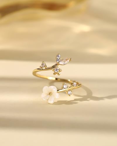 Rings for Women Non Tarnish, 14K Gold Plated Open Pearl Flower Band Adjustable Cubic Zirconia Rings for Women - color: Gold