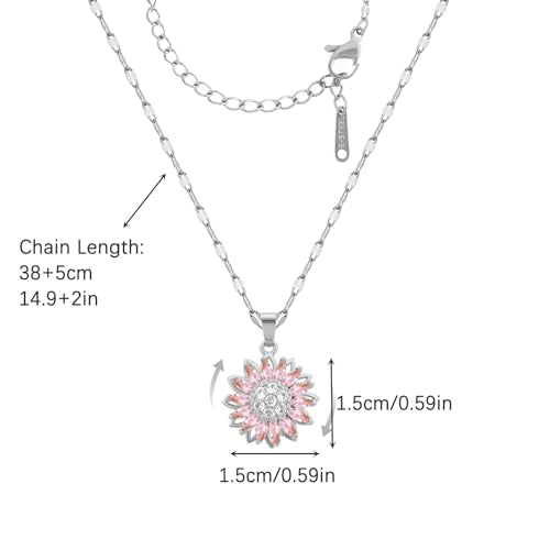 Sunflower Fidget Necklace for Women Gold Moon Necklace Rotating Heart Necklaces Spinning Crystal Flower Anxiety Necklaces Crescent Moons Jewelry Accessories - color: SilverPink