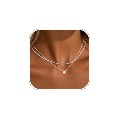 Layered Gold Necklace Set for Women Dainty Waterproof Cute Choker | 14K Gold Plated Minimalist Non Tarnish Lightweight CZ Pendant Pearl Twist Paperclip Chain Jewelry Gifts - style: 2PCS-Dotchain zircon-SL