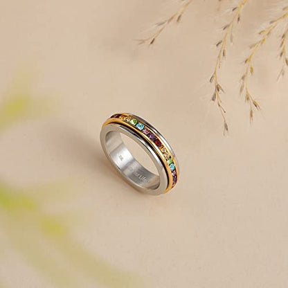 Muses Art Design Fidget Rings, Anxiety Rings, Spinner Rings, Band Rings with Birthstone, Stainless Steel, Women and Men, Meditation Rings, Thumb Rings, Stress Relieving and Anxiety Reducing - color: Rainbow