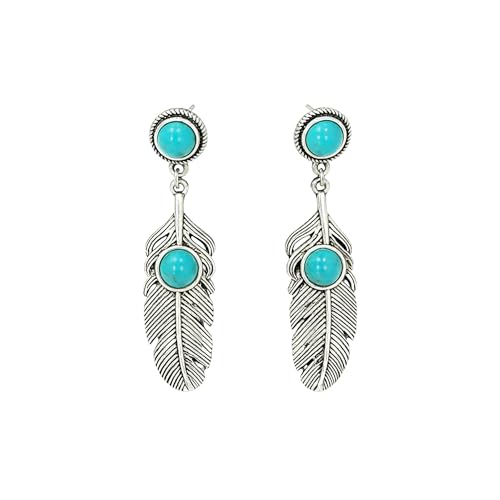 Vintage Silver Turquoise Feather Dangle Earrings for Women, Boho Western Retro Tribal Jewelry, Unique Gift for Bohemian Fashion Lovers
