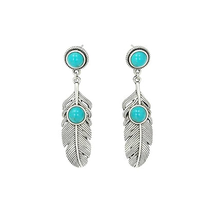 Vintage Silver Turquoise Feather Dangle Earrings for Women, Boho Western Retro Tribal Jewelry, Unique Gift for Bohemian Fashion Lovers