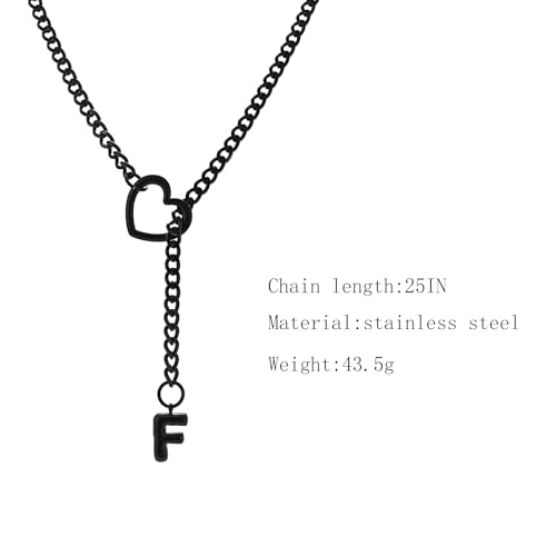 sroyte Black Heart Slip Chain Initial Necklaces for Women,Stainless Steel O-Ring Adjustable Lariat Heart Y-Necklace,Punk Gothic Cuban Collar Choker Necklace for women - color: Black F