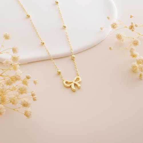 Thaivor Necklace for Women Dainty Bow Necklace 14K Gold Plated Cute Choker Small Pendant Charm Necklaces Teen Gift Trendy Stuff Personalized Jewelry Gifts - color: Gold-Bead-2