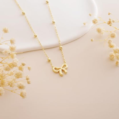 Thaivor Necklace for Women Dainty Bow Necklace 14K Gold Plated Cute Choker Small Pendant Charm Necklaces Teen Gift Trendy Stuff Personalized Jewelry Gifts - color: Gold-Bead-2