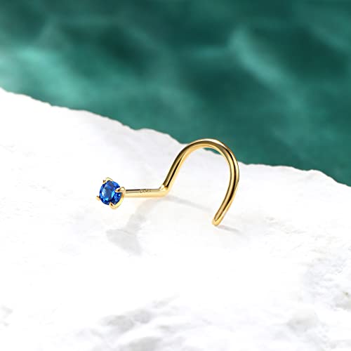 COCHARM 10k Solid Gold Clear CZ Nose Stud 20g 10K Yellow Gold Nose Screw Nose Rings Hypoallergenic S Shape Nose Piercing For Women Men - color: Navy