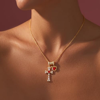 Cross Heart Necklace for Women, Elegant Red Gemstone Pendant Jewelry, Non Tarnish Hypoallergenic Necklace, Dainty Everyday Layering Chain for Her, Birthday Anniversary Graduation Gifts - color: Gold