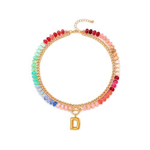 Colorful Beaded Bubble Letter Necklace For Women, Boho Double Layer Dopamine Rainbow Resin Beads Thick Cuban Chain Chunky With Initials Pendant Necklaces Summer Beach Jewelry Gift ﻿ - color: Dop D