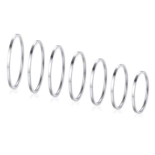 FOCALOOK 28 PCS Knuckle Ring Set 1MM Stainless Steel Women's Thin Plain Band Stacking Midi Finger Rings Set Comfort Fit Silver/Black/Gold/Rose Tone Size 4-10 - color: 01.Stainless steel,7pcs