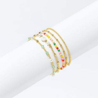 Dainty Gold Plated Pearl Crystal Beaded Bracelets Set for Women 14K Gold Plated Bead Pearl Beads Bracelet Stackable Paperclip Link Chain Bracelets Gold Plated Bracelets for Women Trendy Jewelry - color: Style9-multi layer3-5pcs