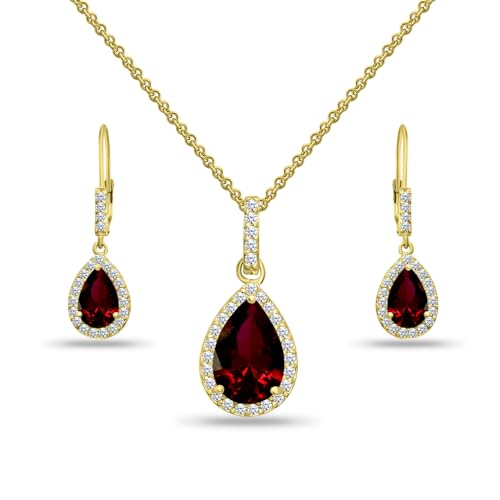 Jewelry Sets for Women, Necklace and Earring Sets for Women, Birthstone Jewelry, Genuine or Synthetic Gemstones, Teardrop Necklace and Dangle Earrings, Pendant Necklace, Sterling Silver Jewelry - color: Synthetic Ruby - Yellow Gold