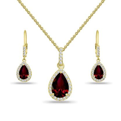 Jewelry Sets for Women, Necklace and Earring Sets for Women, Birthstone Jewelry, Genuine or Synthetic Gemstones, Teardrop Necklace and Dangle Earrings, Pendant Necklace, Sterling Silver Jewelry - color: Synthetic Ruby - Yellow Gold