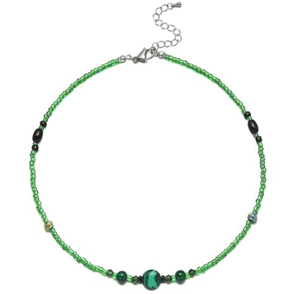 Beaded Necklaces for Women Summer Beach Beaded Necklace Bead Choker Boho Necklaces for Women Handmade Summer Jewelry Stainless Steel 18K Gold Plated - color: Green