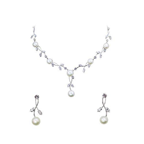 Faship Genuine Freshwater Pearls Floral Necklace Earrings Set | Premium CZ Crystal, Gorgeous, Sparkling - color: Clear