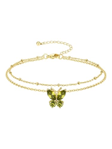 Richsteel Double Layer Heart/Butterfly Birthstone Anklet for Women | Non Tarnish Waterproof, Silver/Gold/Black Stainless Steel 8.5-10.5 Inch Adjustable Chain Anklets Summer Beach Foot Jewelry - color: Gold Butterfly-08 Aug.(Peridot)