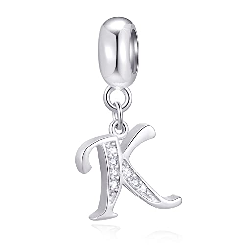 26 Letter Pendant Charms, Polished 925 Sterling Silver Complete Initial A-Z Dangling CZ Stone Alphabet Beads, fits European Bracelet Necklace, Gift for Mother/Father/Daughter/Son/Sister/Aunt - color: Letter K CZ Pendant Charm