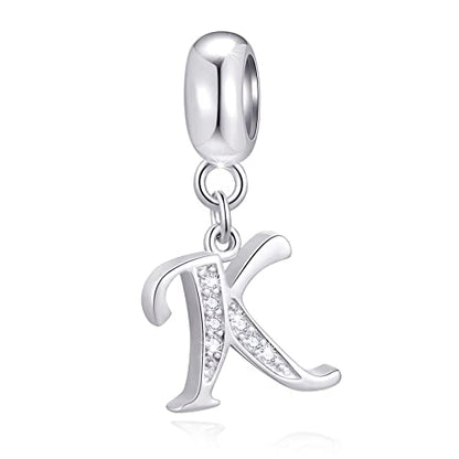 26 Letter Pendant Charms, Polished 925 Sterling Silver Complete Initial A-Z Dangling CZ Stone Alphabet Beads, fits European Bracelet Necklace, Gift for Mother/Father/Daughter/Son/Sister/Aunt - color: Letter K CZ Pendant Charm