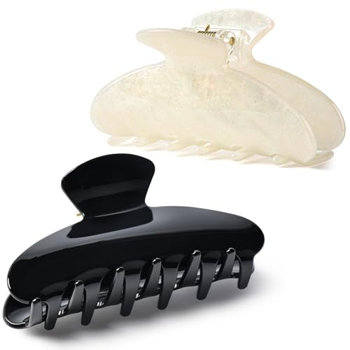 Aileam Acetate Hair Claw Clips for Women,Black White hair clip French Design Strong Hold Non-Slip claw clips for Thick Hair, 2 Pack - color: Black & Iridescent White