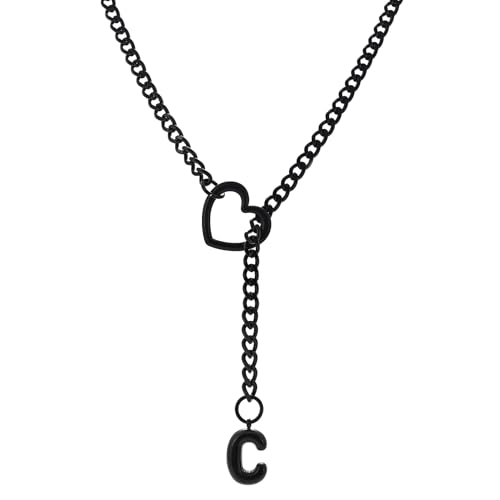 sroyte Black Heart Slip Chain Initial Necklaces for Women,Stainless Steel O-Ring Adjustable Lariat Heart Y-Necklace,Punk Gothic Cuban Collar Choker Necklace for women - color: Black C