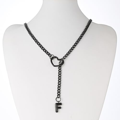 sroyte Black Heart Slip Chain Initial Necklaces for Women,Stainless Steel O-Ring Adjustable Lariat Heart Y-Necklace,Punk Gothic Cuban Collar Choker Necklace for women - color: Black F