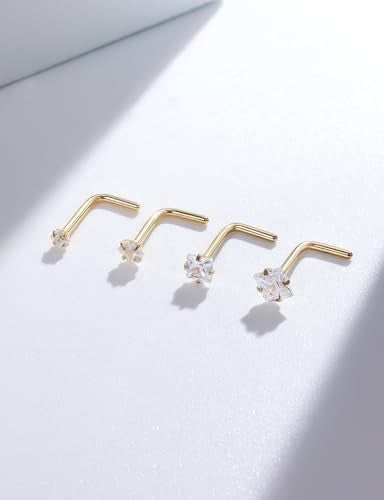 18G 20G 14K Gold Filled Nose Rings Studs Piercing Jewelry For Women Men 316L Surgical Steel Round Square Cubic Zirconia Nose Rings Studs Nostrial Piercing Jewelry CZ 1.5mm 2mm 2.5mm 3mm - color: 14K Gold Plated, size: 18 Gauge-L Shaped-Square CZ