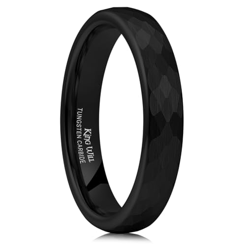 King Will Men's Tungsten Carbide Wedding Ring Hammered Groove Wedding Band Mens Two Tone Engagement Ring for Men and Women Matte Brushed Finish Comfort Fit - color: 4mm Black