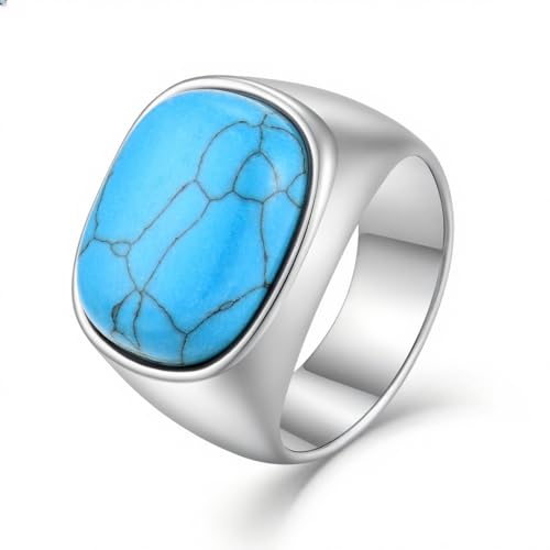 Men's Tiger Eye Square Signet Ring Stainless Steel Thumb Rings with Natural Stone for Men Jewelry Gift for Him, Size 7-12 - color: 03,Silver-turquoise