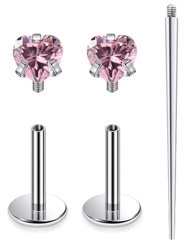 20G 18G 16G Astm F136 Titanium Internal Thread Flat Back Earrings Nose Studs Tragus Helix Conch Cartilage Lobe Earrings Medusa Labret Snake Bite Monroe Lip Ring Piercing Jewelry For Women Men - color: Pink, size: 18G-7MM Bar-CZ 3MM