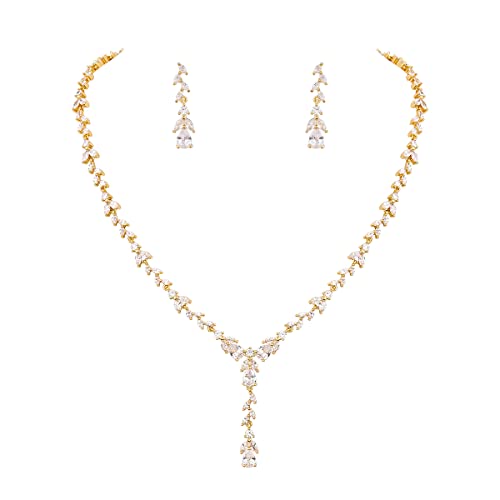 Bridal Wedding Jewelry CZ Set Marquise Teardrop Cubic Zirconia Pendant Necklace and Dangle Earring Bracelet Sets for Women - color: Gold tone - 01