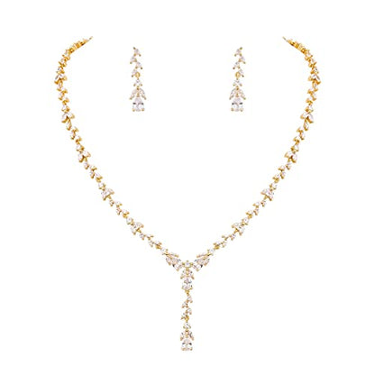 Bridal Wedding Jewelry CZ Set Marquise Teardrop Cubic Zirconia Pendant Necklace and Dangle Earring Bracelet Sets for Women - color: Gold tone - 01