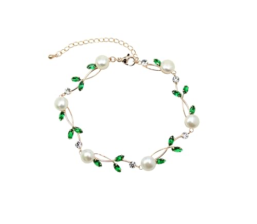 Faship Genuine Freshwater Pearls Floral Necklace Earrings Set | Premium CZ Crystal, Gorgeous, Sparkling - color: Green / Rose gold plated / Matching Bracelet