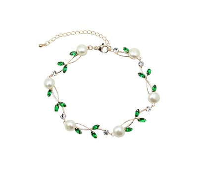 Faship Genuine Freshwater Pearls Floral Necklace Earrings Set | Premium CZ Crystal, Gorgeous, Sparkling - color: Green / Rose gold plated / Matching Bracelet