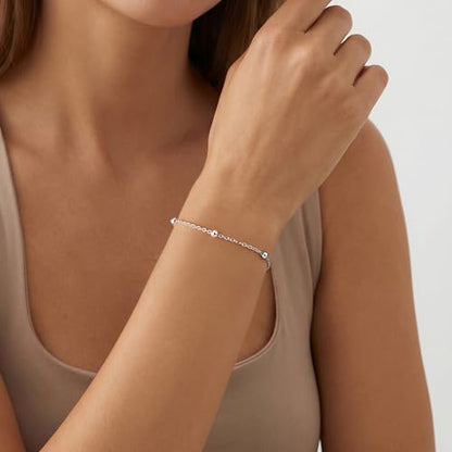 925 Sterling Silver Chain Bracelet, Beaded Satellite Chain Fine Jewelry for Women Holiday Gift with Flannel Bag Adjustable 6.5-8 Inches - color: 8 IN