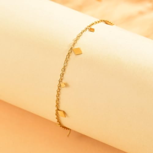 18K Gold Plated Ankle Bracelets for Women Stainless Steel Anklet with Star Cross Disc Coin Teardrop Charms Waterproof Thin Chain Ankle Jewelry Gift for Her - style: Rhombus-Gold