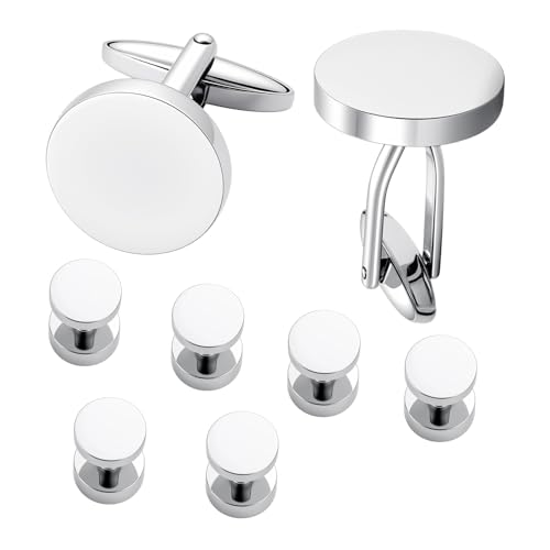 Mens Cufflinks and Tuxedo Shirt Studs Set with Gift Box - color: Silver