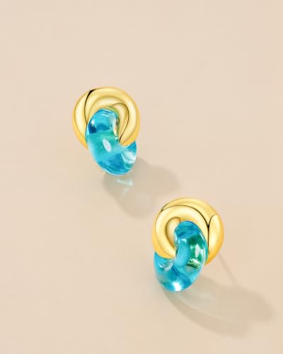 Small Twist Interlock Chunky 18K gold plated Gemstone Natural Stone (Brown, Green, Pink, White) Statement Earrings for Women by SNGIA, Dainty Love Knot Tiger Eye Amber Jade Tourmaline Bold Handmade Exaggerated Dome Retro Rounded Button Half Ball Trendy Bo