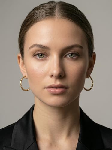 FAN&LOUIS 24K Gold Plated Hoop Clip On Earrings for Women, Gold Beaded Hoop Trendy Hypoallergenic Non Pierced Earrings Painless Lightweight 38mm Clip-On Earrings - style: Gold