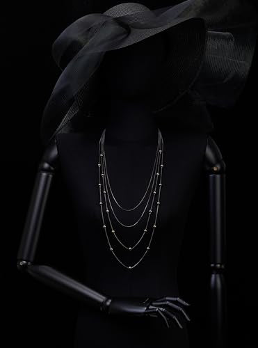 COOLSTEELANDBEYOND Statement Necklace Waterfall Multi-Strand Layered Long Chains with Ball Charm Pendant - color: B-Color: Grey Black