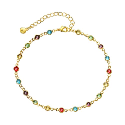 Ankle Bracelets for Women 18K Gold Plated Anklet for Women Gold Charm Anklet Waterproof Summer Beach Foot Chain Jewelry Gifts - style: round colorful cubic zirconia