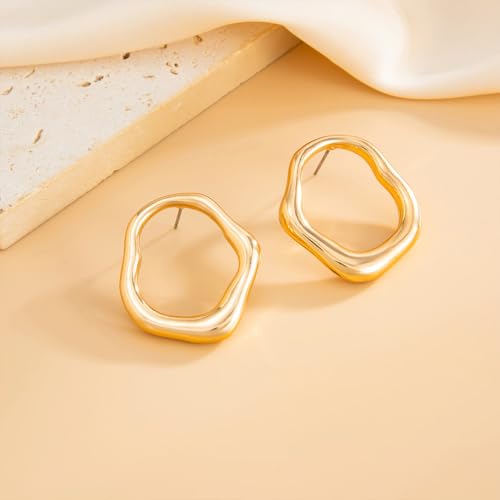 Cute Trendy 14K Gold Plated Round Irregular Geometric Stud Earrings for Women Simple Statement Silver Hollow Circle Drop Earring Jewelry Accessories