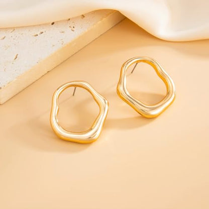 Cute Trendy 14K Gold Plated Round Irregular Geometric Stud Earrings for Women Simple Statement Silver Hollow Circle Drop Earring Jewelry Accessories