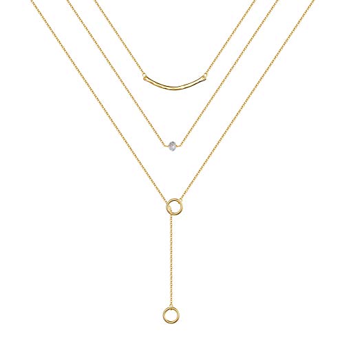 Turandoss Gold Layered Necklaces for Women - 14K Gold Plated Handmade Multilayer Bar Pearls Coin Disc Moon Butterfly Medallion Adjustable Dainty Layered Choker Necklaces for Women Jewelry - style: 3 Layered Necklace - Curved Bar&CZ&Circle Lariat