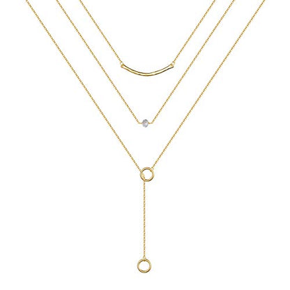 Turandoss Gold Layered Necklaces for Women - 14K Gold Plated Handmade Multilayer Bar Pearls Coin Disc Moon Butterfly Medallion Adjustable Dainty Layered Choker Necklaces for Women Jewelry - style: 3 Layered Necklace - Curved Bar&CZ&Circle Lariat