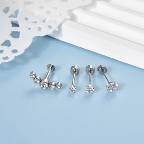 Lantine 16g CZ Crawler Flat Back Stud Earrings Set G23 Titanium Cartilage Tragus Daith Helix Piercing Jewelry 20g Flat Screw 2nd 3rd Lobe FlatBack Earrings - color: CZ, size: 16g 10mm