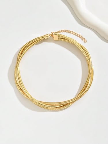 Gold Snake Chain Knot Choker for Women Double Strand Twisted Herringbone Pendant Necklace Fashion Jewelry Accessory - color: Layered Snake Chain Statement Choker